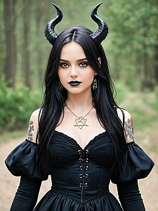 Woman in Gothic Dress with Horns in Forest