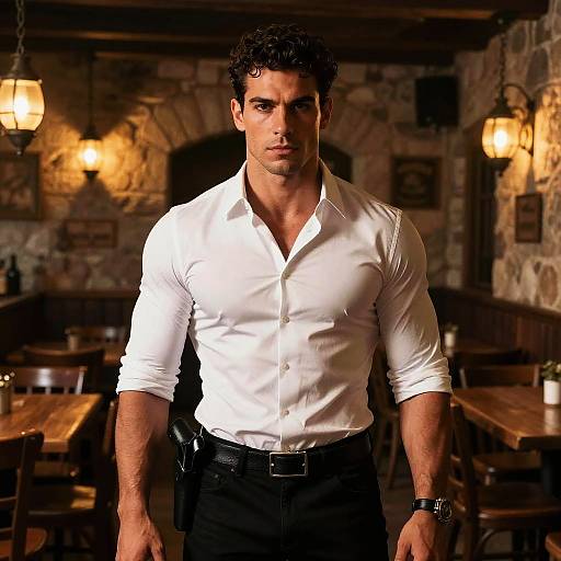 Confident Man in Rustic Restaurant Wearing White Shirt with Holstered Gun