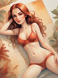 Digital Illustration of a Woman in Orange Lingerie with Flowing Red Hair