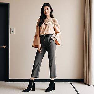 Elegant Woman Wearing Off-Shoulder Blouse and Gray Pants in Minimalist Interior