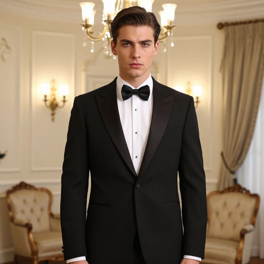 Young Man in Classic Black Tuxedo in Elegant Vintage Room