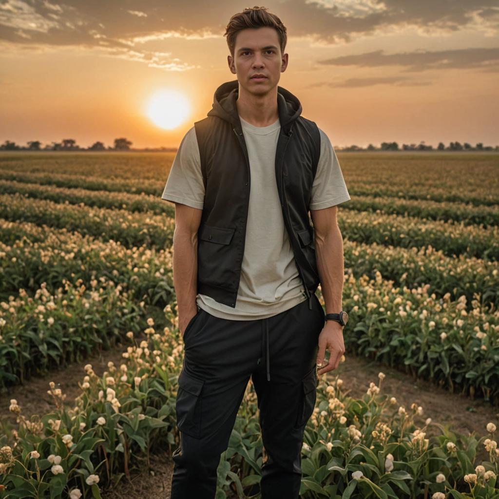 Confident Man in Sunset Field