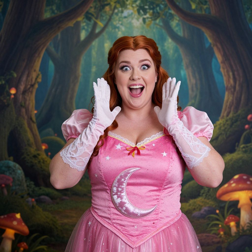 Excited Woman in Pink Fairy Tale Princess Costume in Enchanted Forest