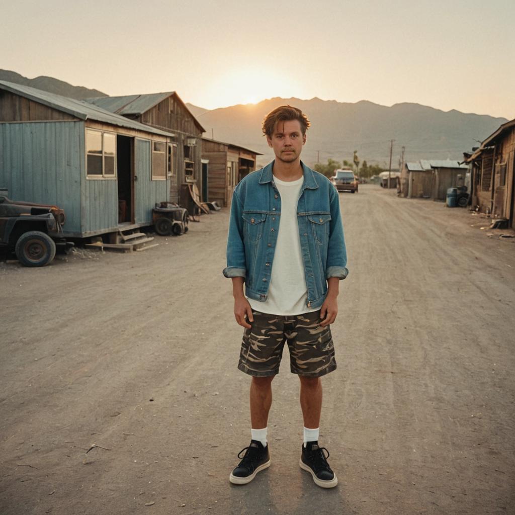 Contemplative man in rustic street at sunset