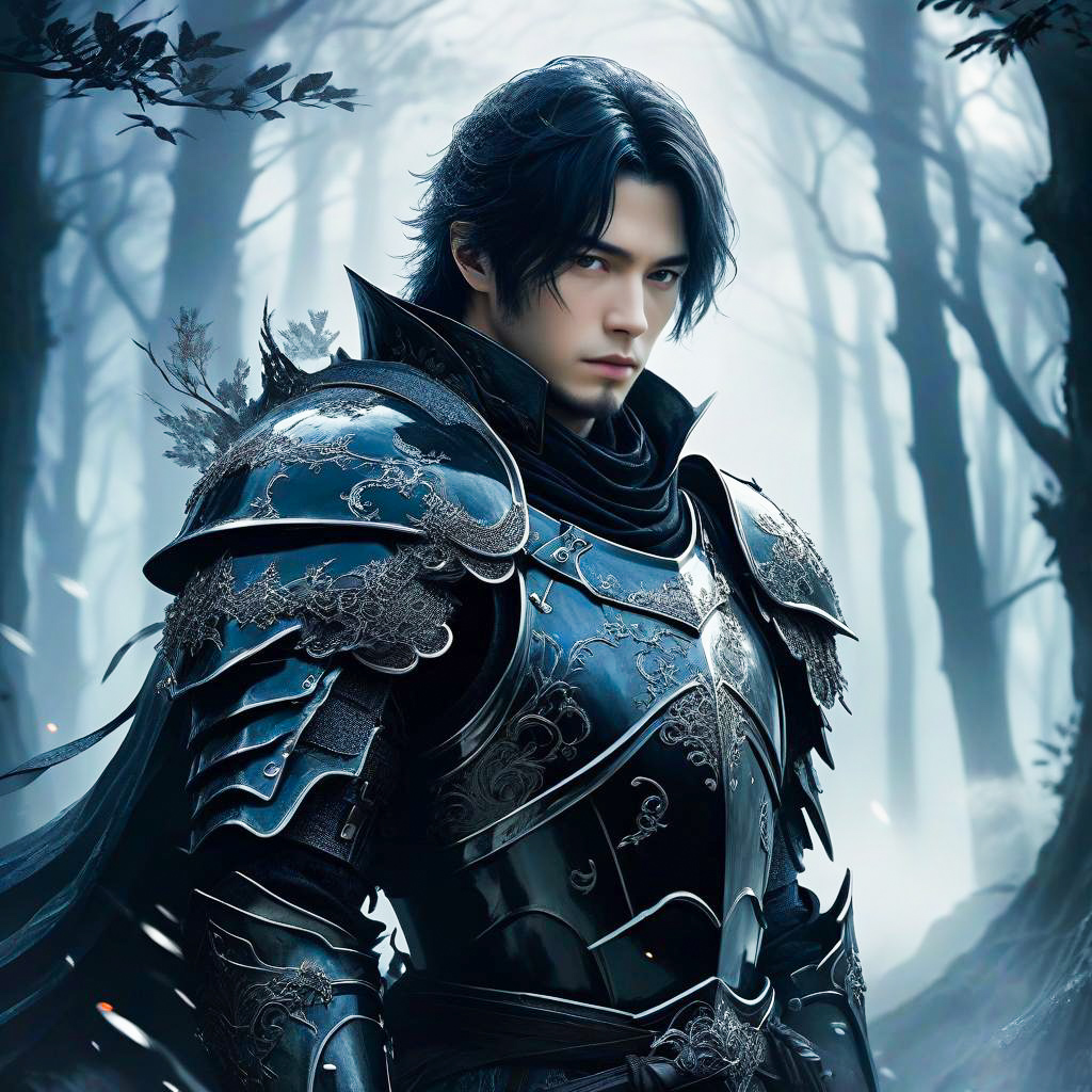 Determined Man in Dark Armor in Misty Forest