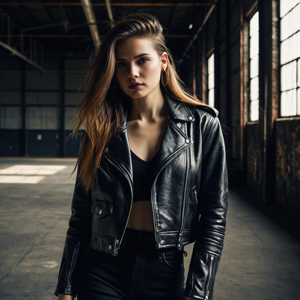 Confident Woman in Black Leather Jacket in Urban Warehouse