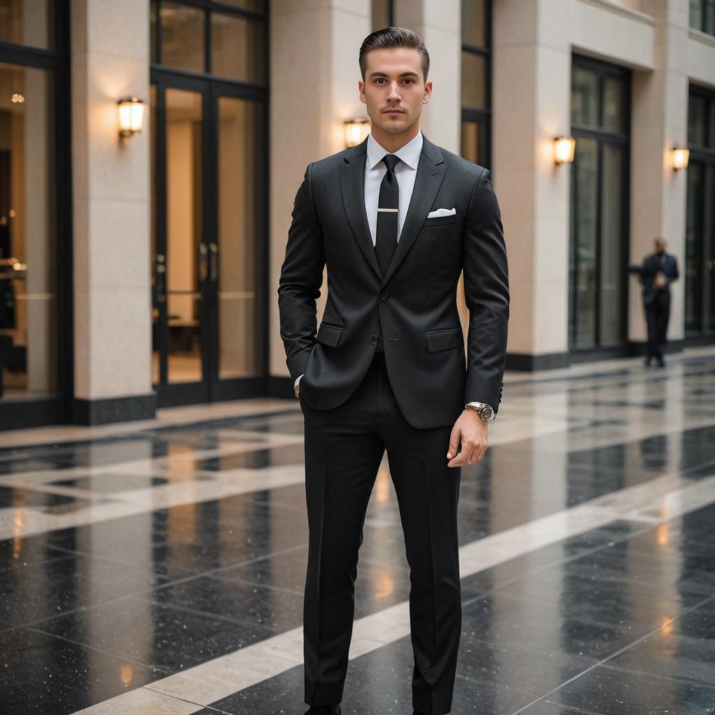 Confident Man in Tailored Suit in Elegant Lobby