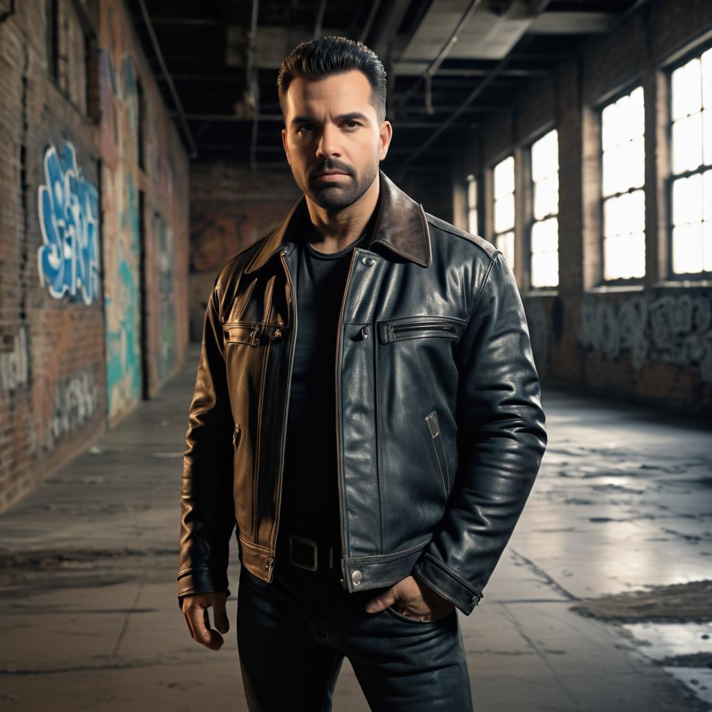 Confident Man in Leather Jacket in Industrial Setting