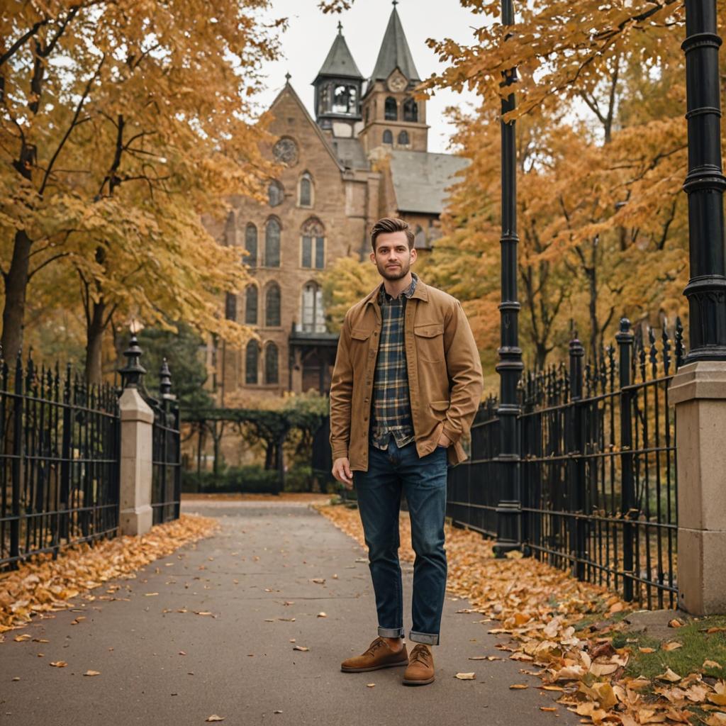 Man on Pathway with Autumn Leaves and Historic Building