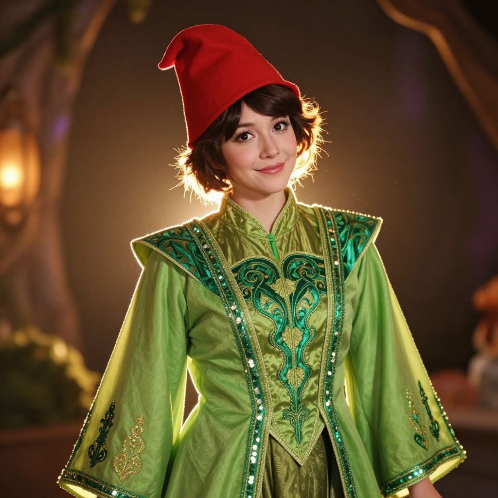 Woman in Intricate Green Costume with Red Pointed Hat Fantasy Style