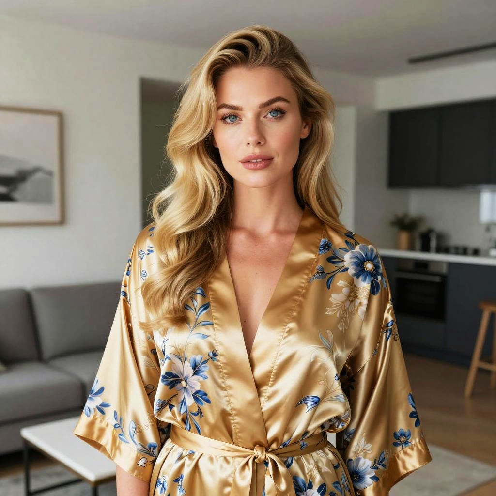 Young Woman in Golden Floral Satin Robe in Modern Living Room