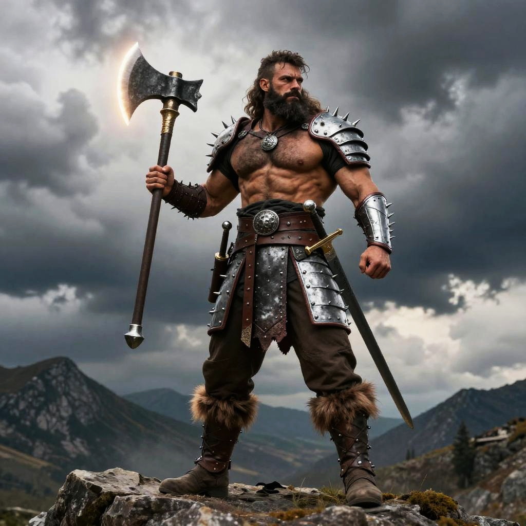Muscular Warrior Man in Medieval Armor Holding Battle Axe on Mountain