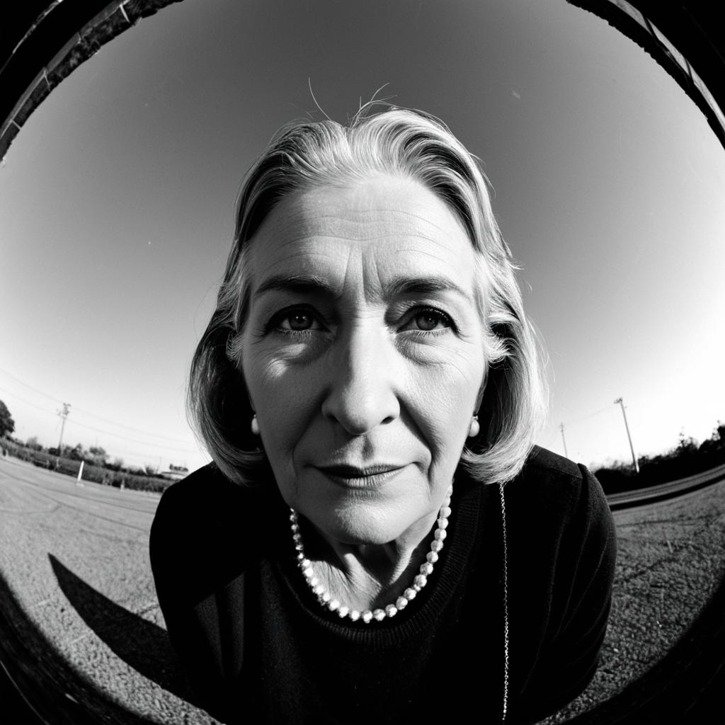 Black and White Wide-Angle Portrait of Elderly Woman Wearing Pearls