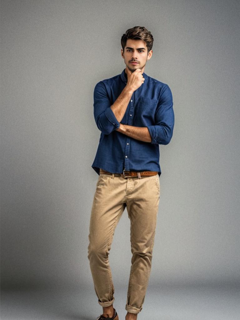 Stylish Man in Navy Shirt and Khaki Pants