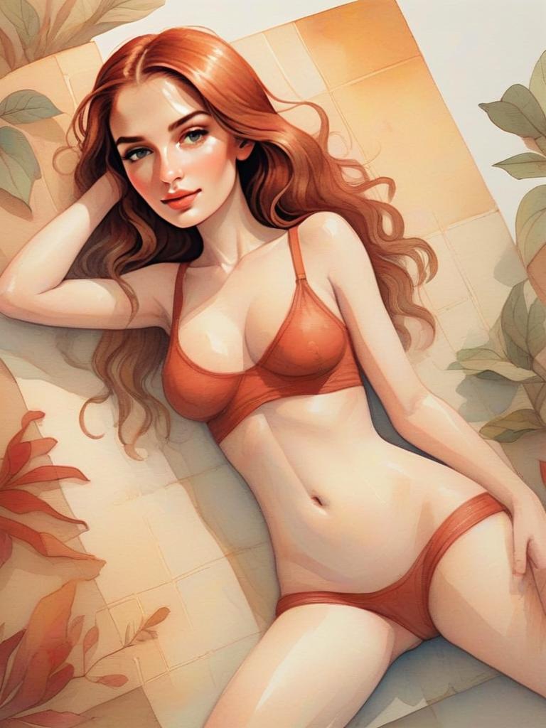Digital Illustration of a Woman in Orange Lingerie with Flowing Red Hair