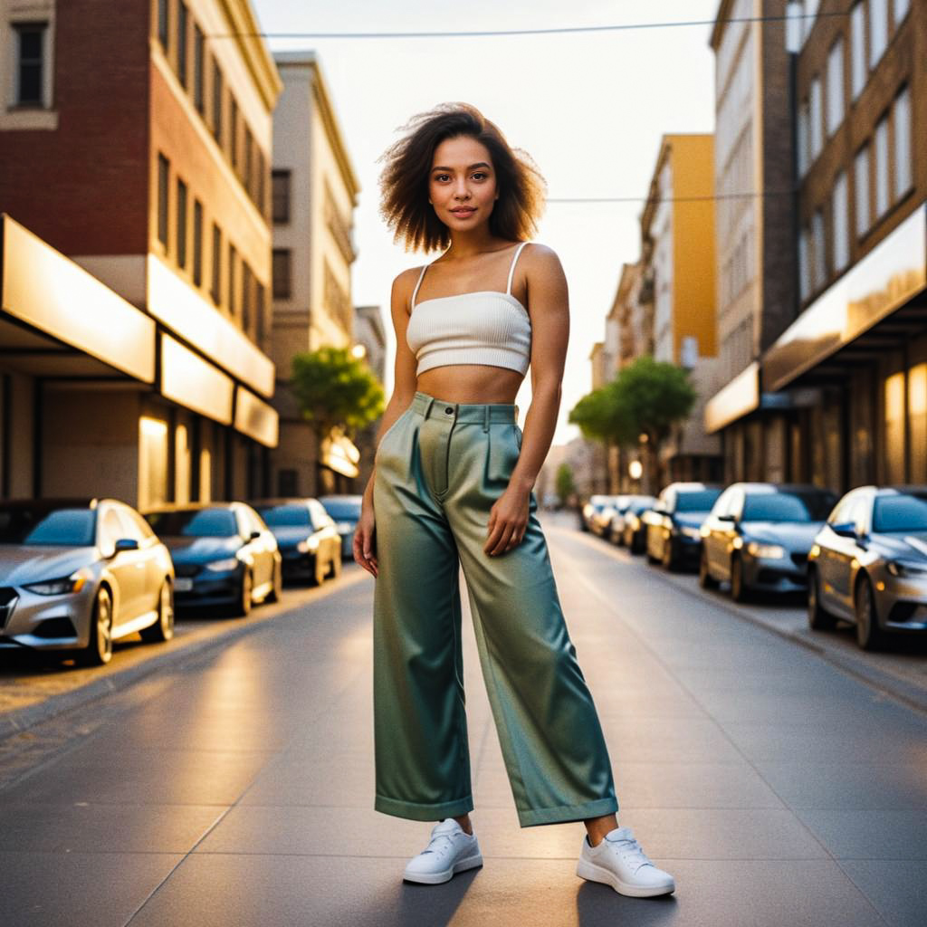 Confident Woman in Trendy Outfit at Sunset