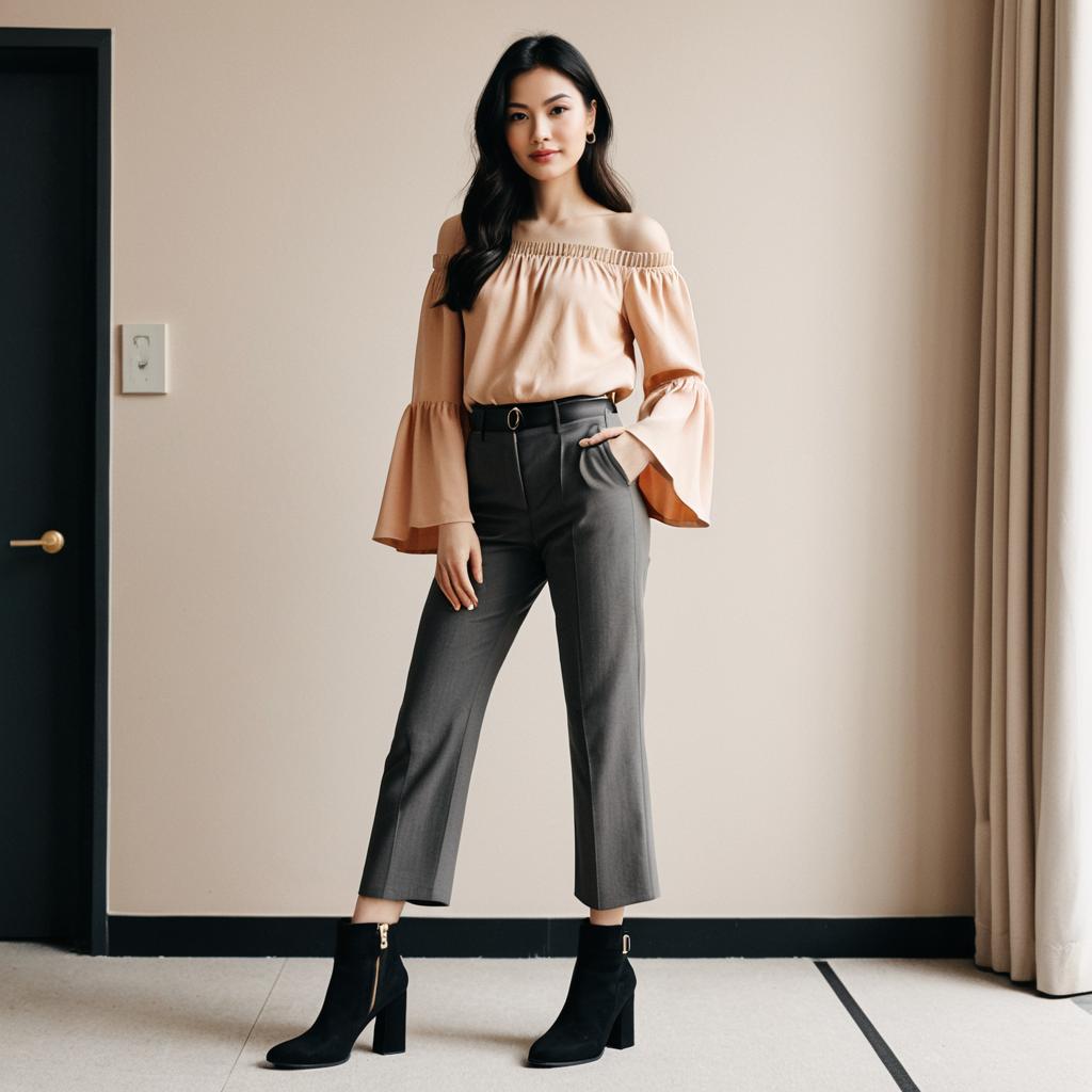 Elegant Woman Wearing Off-Shoulder Blouse and Gray Pants in Minimalist Interior