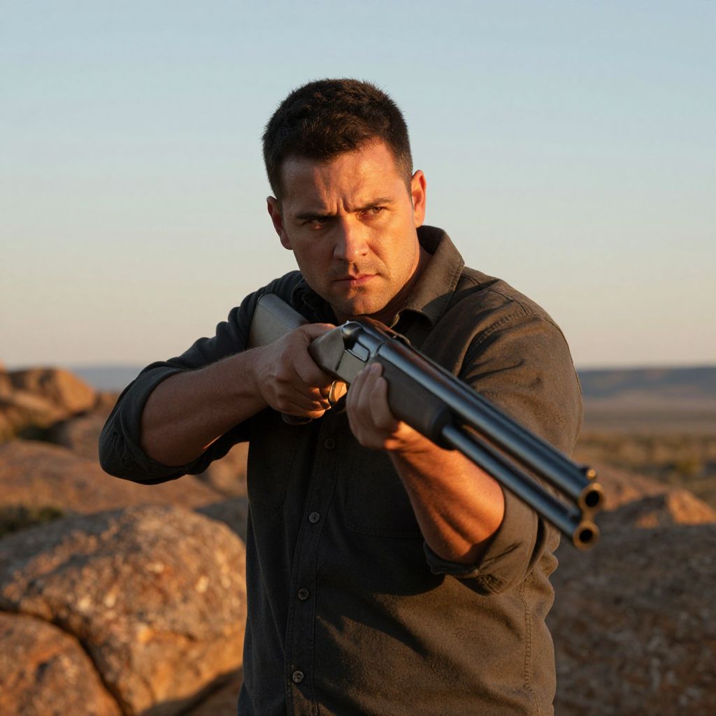 Man Aiming Double-Barreled Shotgun in Rocky Outdoor Landscape