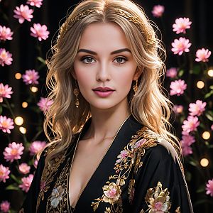 Blonde Woman in Black Floral Garment Among Pink Flowers