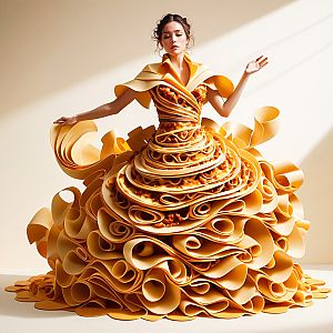 Woman in Avant-Garde Dress of Golden Pasta Ribbons