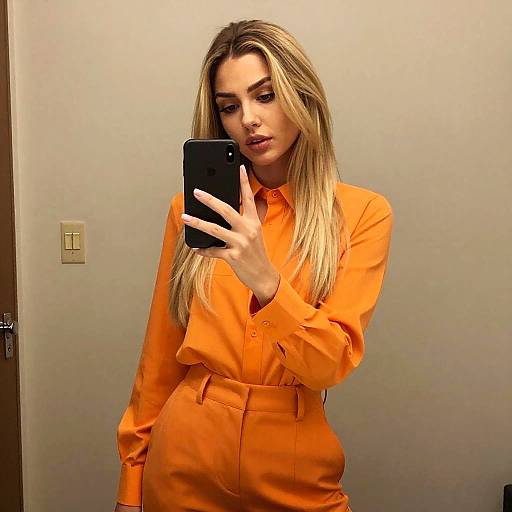 Woman Taking Mirror Selfie in Orange Shirt and Pants