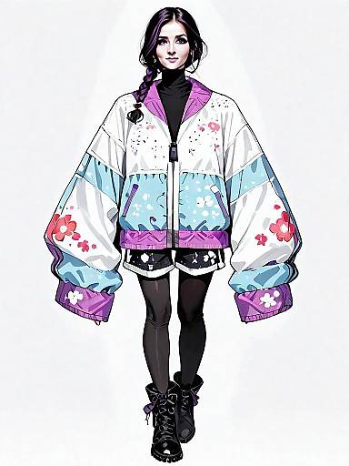 Realistic Comic Style Full Body Portrait of Woman in Floral Streetwear
