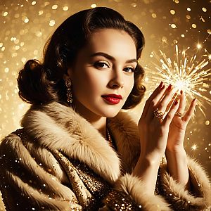 Glamorous Woman in Vintage Hollywood Style Holding Sparkling Light