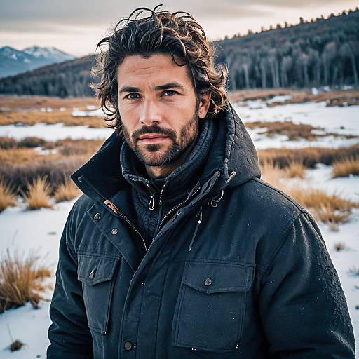 Portrait of Rugged Man in Winter Jacket in Snowy Landscape