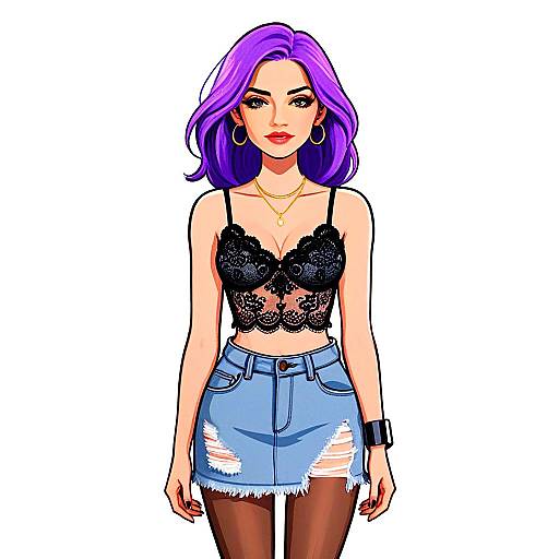 Stylish Woman with Purple Hair in Black Lace Crop Top and Ripped Denim Mini Skirt