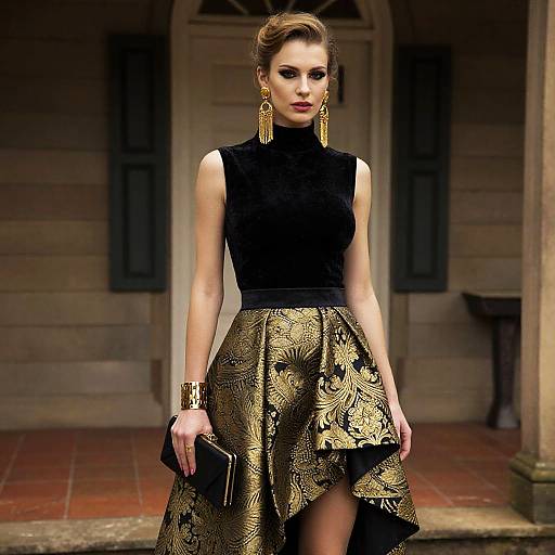 Elegant Woman in Black Velvet Sleeveless Evening Dress with Gold Brocade Skirt