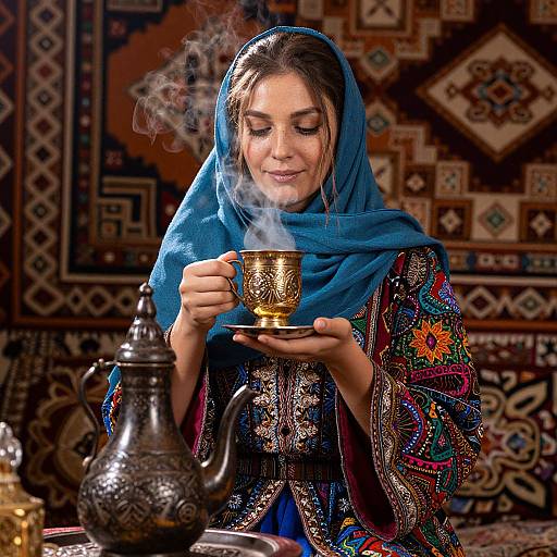 Woman in Traditional Dress Enjoying Hot Tea in Ornate Setting