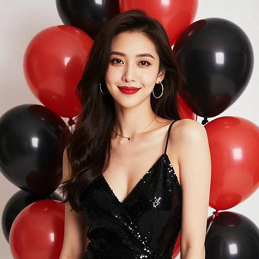 Elegant Woman in Black Sequin Dress with Red and Black Balloons