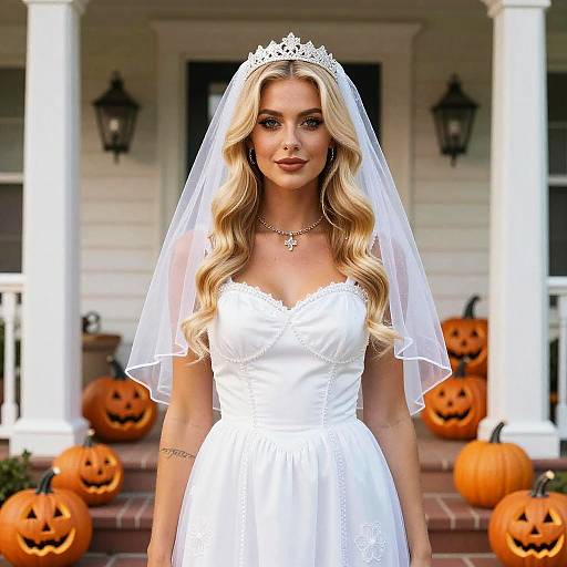 Blonde Woman in White Bridal Dress with Veil and Halloween Pumpkin Decorations