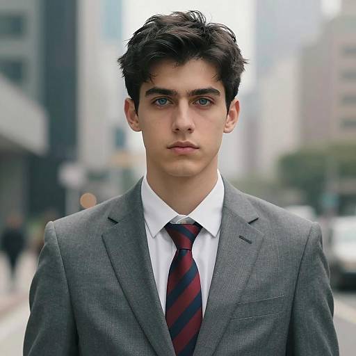Young Man in Gray Suit and Red Navy Striped Tie on City Street