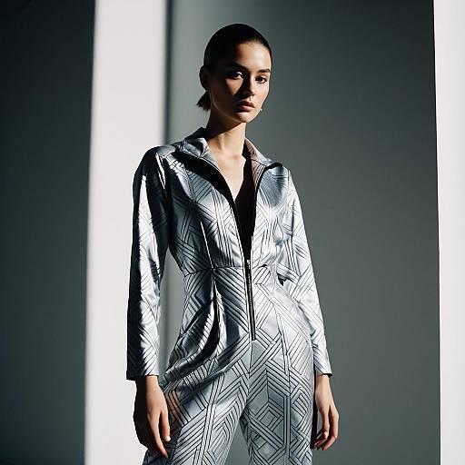 Woman Wearing Metallic Silver Geometric Pattern Jumpsuit in Modern Portrait