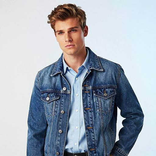 Trendy Gen Z Man Wearing Blue Denim Jacket and Light Shirt