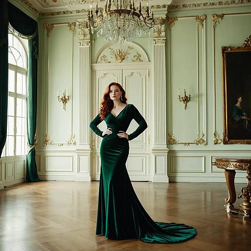 Elegant Woman in Emerald Velvet Gown in Classic Luxury Interior