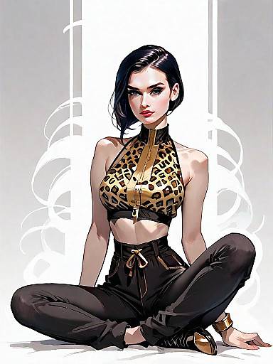 Realistic Comic Style Portrait of Woman in Leopard Print Crop Top and Black Pants