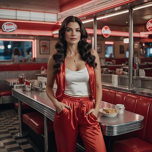 Woman in Red Satin Outfit Posing in Retro 1950s Diner Interior