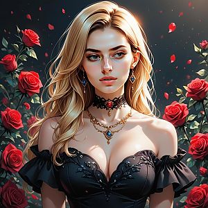 Elegant Blonde Woman in Black Dress with Red Roses