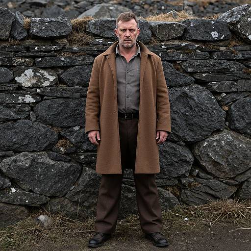 Man in Brown Overcoat Standing Against Stone Wall Outdoors