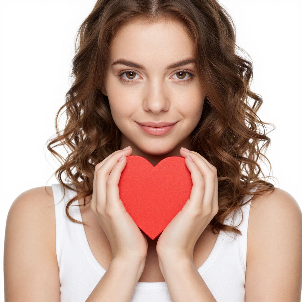 Young Woman Holding Red Heart Symbol of Love