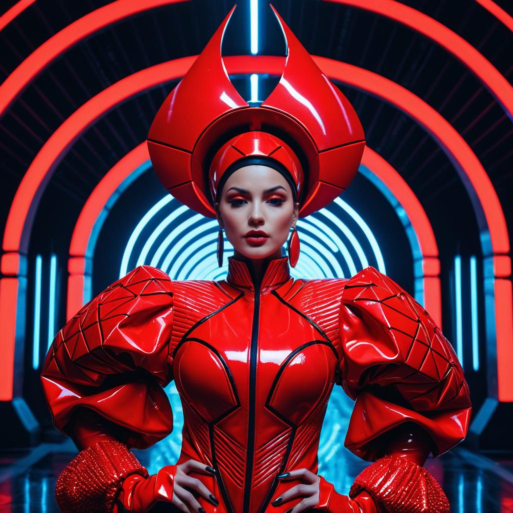 Futuristic Woman in Glossy Red Avant-Garde Cyberpunk Outfit