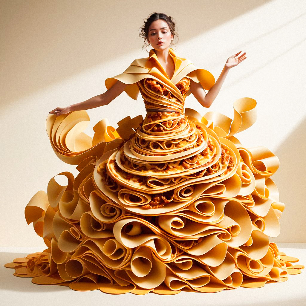 Woman in Avant-Garde Dress of Golden Pasta Ribbons