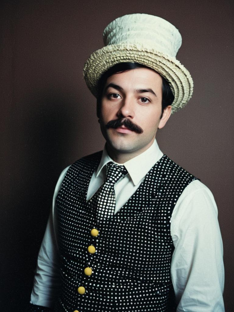 Man in Funny Fancy Dress Outfit Wearing Polka Dot Vest and Tall White Hat