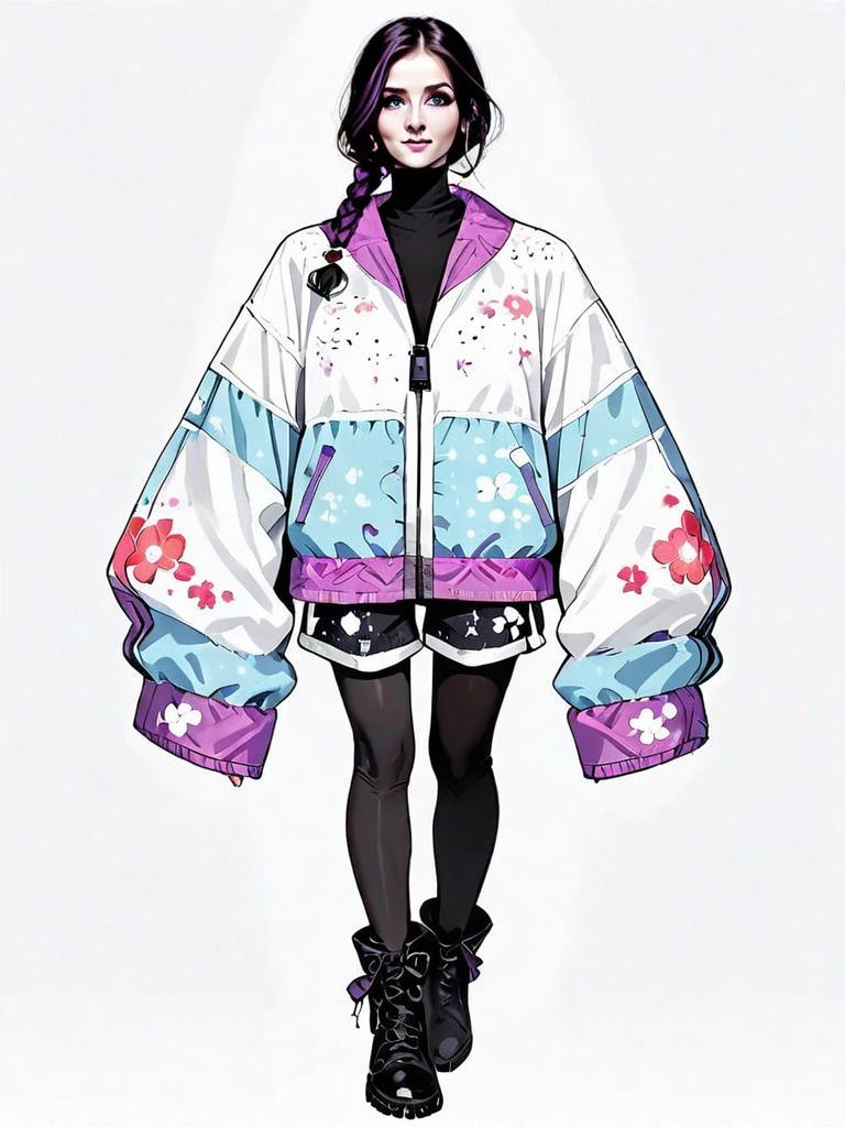 Realistic Comic Style Full Body Portrait of Woman in Floral Streetwear
