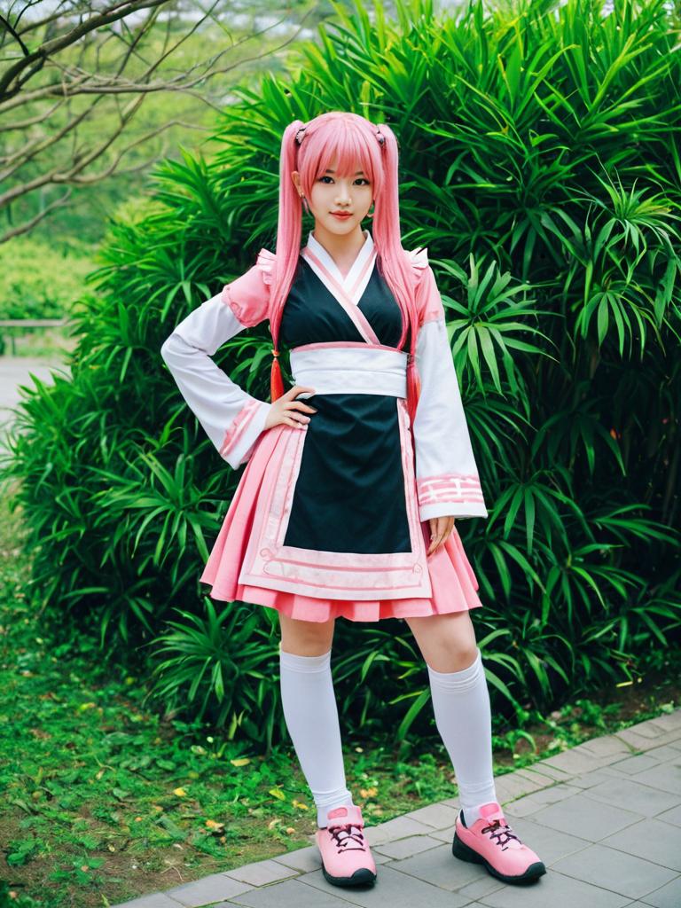 Hana Pangya Anime Cosplay Woman with Pink Twin-Tail Hair Outdoors