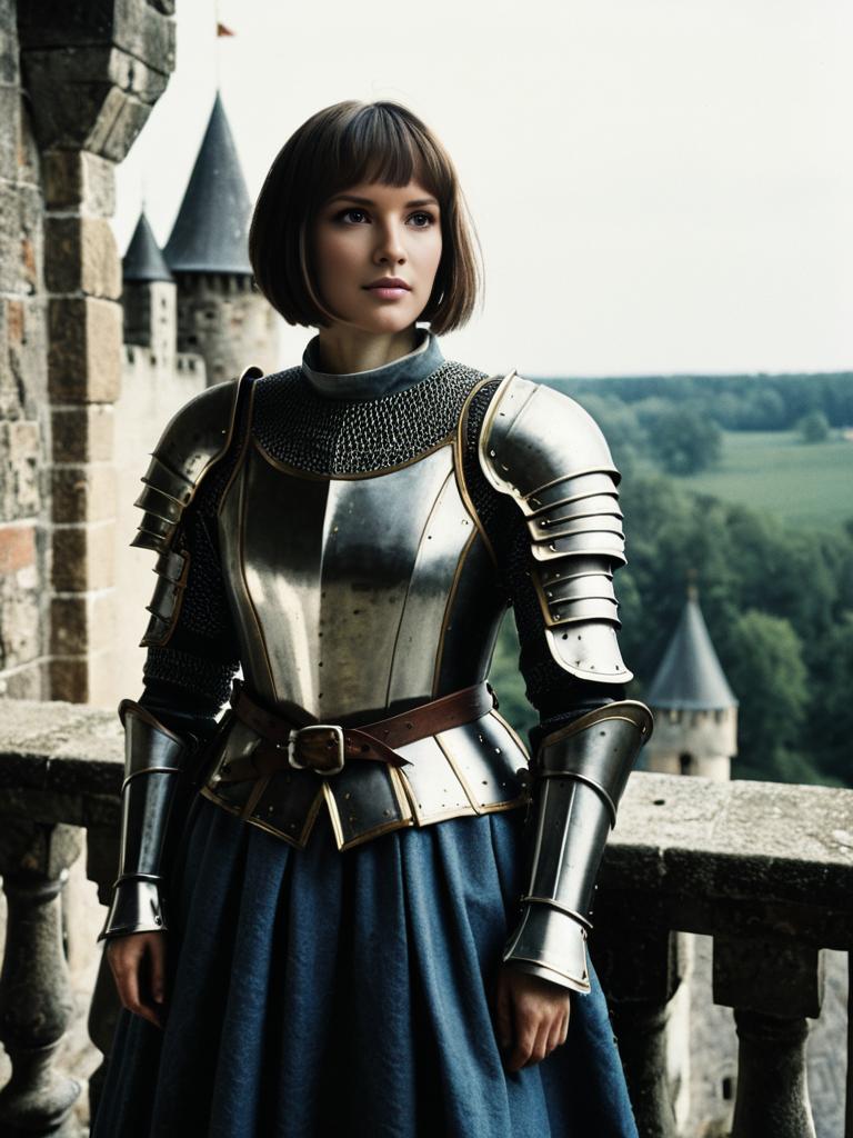 Medieval Woman Wearing Realistic Armor at Castle Balcony