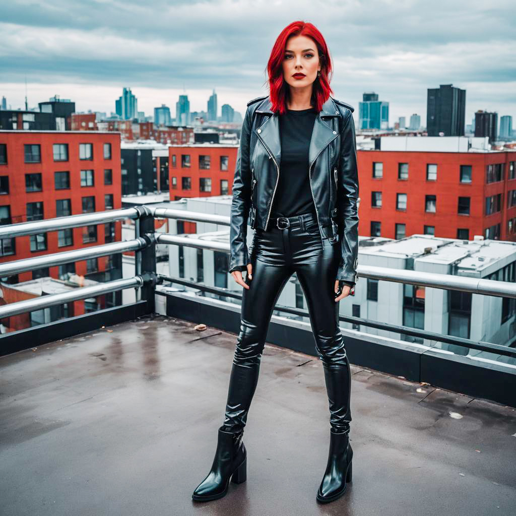 Confident Woman in Black Leather Jacket and Pants on Urban Rooftop