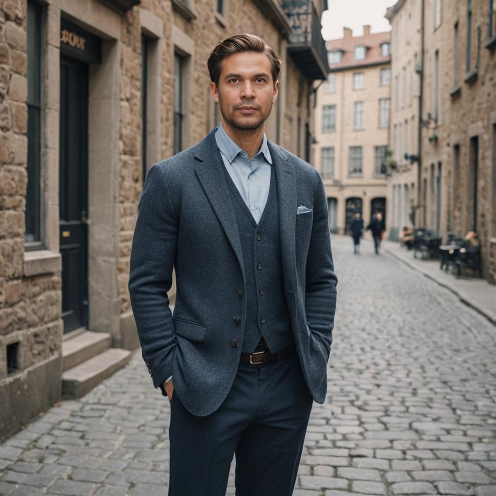 Confident man in smart casual suit on cobblestone street